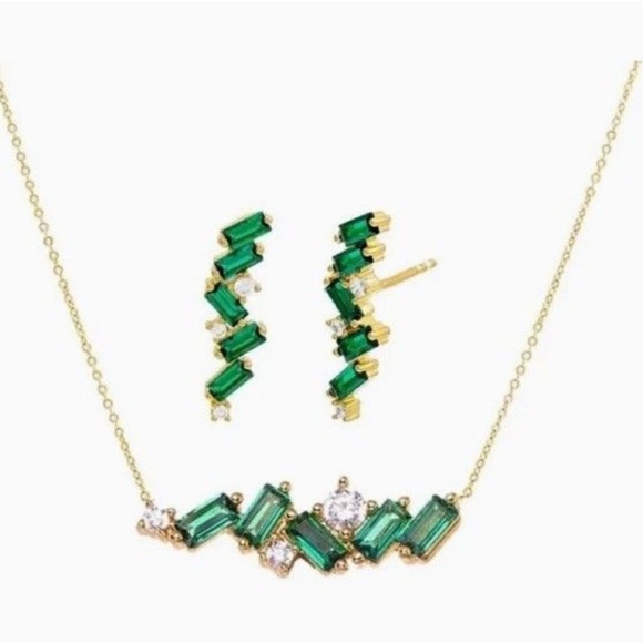 NWT - Adina Eden Emerald Green CZ Baguette Earrings & Necklace Combo Set - Picture 1 of 6